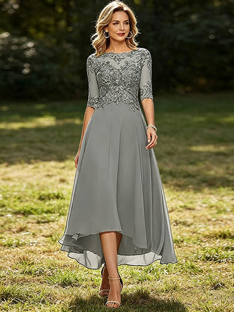 GrauMutterkleid mit Rundhalsausschnitt 3/4-Ärmeln A-Linie Spitze Hochzeitsgastkleider