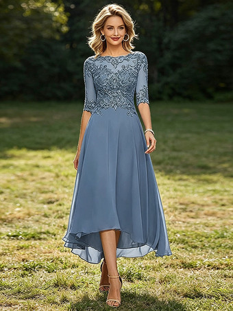 Graublau Mutterkleid mit Rundhalsausschnitt 3/4-Ärmeln A-Linie Spitze Hochzeitsgastkleider