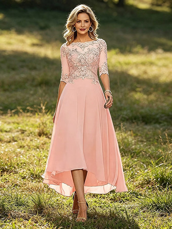 RosaMutterkleid mit Rundhalsausschnitt 3/4-Ärmeln A-Linie Spitze Hochzeitsgastkleider