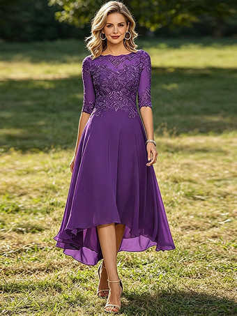 LilaMutterkleid mit Rundhalsausschnitt 3/4-Ärmeln A-Linie Spitze Hochzeitsgastkleider