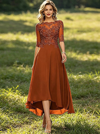 KastanienbraunMutterkleid mit Rundhalsausschnitt 3/4-Ärmeln A-Linie Spitze Hochzeitsgastkleider
