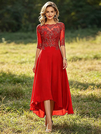 Rot Mutterkleid mit Rundhalsausschnitt 3/4-Ärmeln A-Linie Spitze Hochzeitsgastkleider