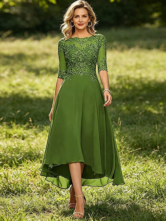 Grün Mutterkleid mit Rundhalsausschnitt 3/4-Ärmeln A-Linie Spitze Hochzeitsgastkleider