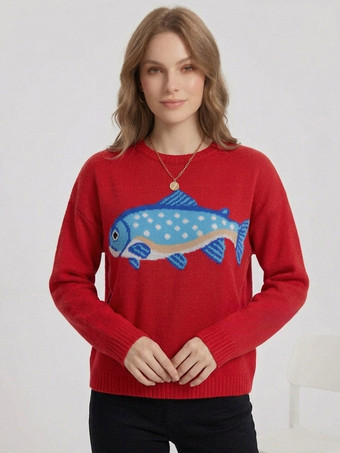 魚の刺繍入りクルーネックニットセーター長袖ゆったりカジュアルプルオーバーレディースジャンパー