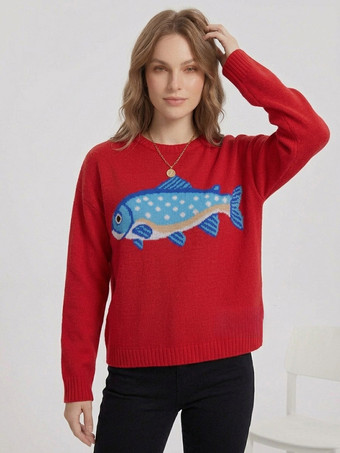 魚の刺繍入りクルーネックニットセーター長袖ゆったりカジュアルプルオーバーレディースジャンパー