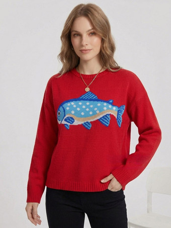 魚の刺繍入りクルーネックニットセーター長袖ゆったりカジュアルプルオーバーレディースジャンパー