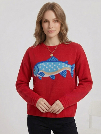 レッド 魚の刺繍入りクルーネックニットセーター長袖ゆったりカジュアルプルオーバーレディースジャンパー