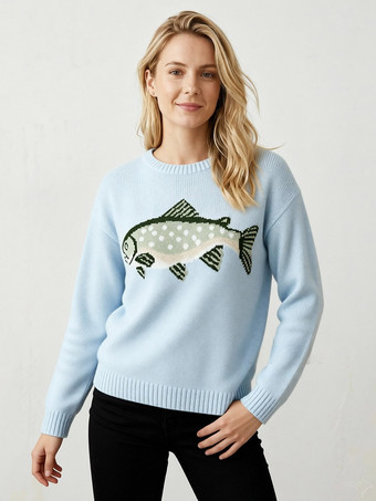 ブルー 魚の刺繍入りクルーネックニットセーター長袖ゆったりカジュアルプルオーバーレディースジャンパー
