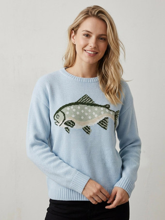 魚の刺繍入りクルーネックニットセーター長袖ゆったりカジュアルプルオーバーレディースジャンパー