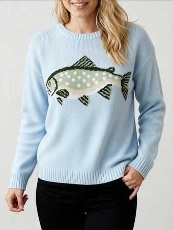 魚の刺繍入りクルーネックニットセーター長袖ゆったりカジュアルプルオーバーレディースジャンパー