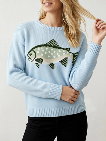 魚の刺繍入りクルーネックニットセーター長袖ゆったりカジュアルプルオーバーレディースジャンパー