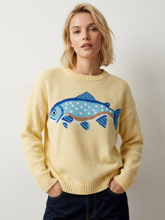 イエロー魚の刺繍入りクルーネックニットセーター長袖ゆったりカジュアルプルオーバーレディースジャンパー
