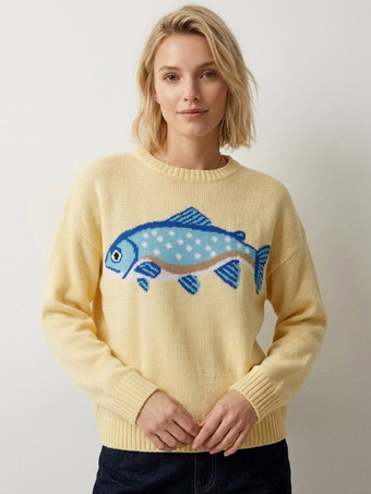 魚の刺繍入りクルーネックニットセーター長袖ゆったりカジュアルプルオーバーレディースジャンパー