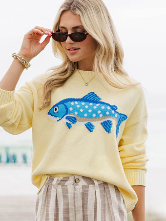 魚の刺繍入りクルーネックニットセーター長袖ゆったりカジュアルプルオーバーレディースジャンパー