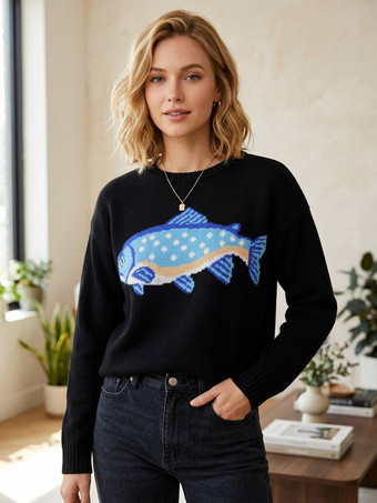 ブラック 魚の刺繍入りクルーネックニットセーター長袖ゆったりカジュアルプルオーバーレディースジャンパー