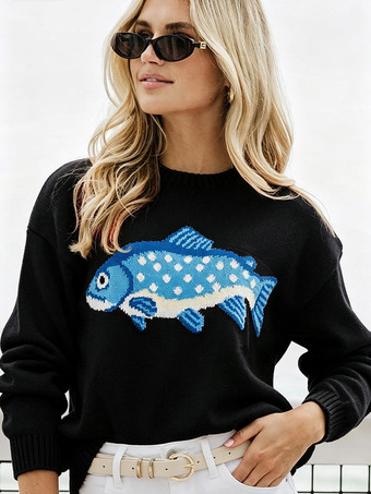 魚の刺繍入りクルーネックニットセーター長袖ゆったりカジュアルプルオーバーレディースジャンパー