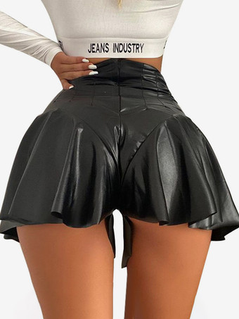 Hochtaillierter Kunstleder-Skort plissierter Rüschen-Minirock mit ausgestelltem Rock A-Linien-Club-Skort aus PU-Leder
