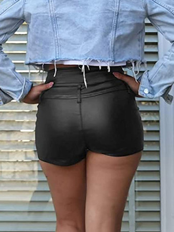Shorts aus Kunstleder mit hohem Bund Frontreißverschluss mehreren Reißverschlusstaschen schmal geschnitten lässige Clubshorts aus PU-Leder