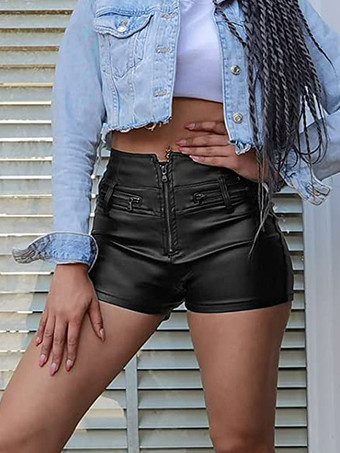 Shorts aus Kunstleder mit hohem Bund Frontreißverschluss mehreren Reißverschlusstaschen schmal geschnitten lässige Clubshorts aus PU-Leder