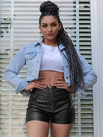 Shorts aus Kunstleder mit hohem Bund Frontreißverschluss mehreren Reißverschlusstaschen schmal geschnitten lässige Clubshorts aus PU-Leder