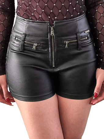 Shorts aus Kunstleder mit hohem Bund Frontreißverschluss mehreren Reißverschlusstaschen schmal geschnitten lässige Clubshorts aus PU-Leder