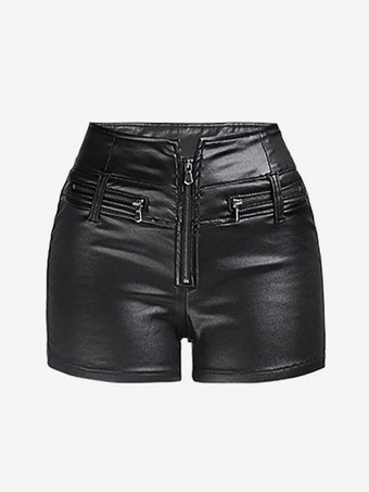 Shorts aus Kunstleder mit hohem Bund Frontreißverschluss mehreren Reißverschlusstaschen schmal geschnitten lässige Clubshorts aus PU-Leder