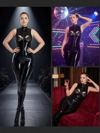 ハイネック、ノースリーブ、パテントレザーのキャットスーツ、フロントジッパー、胸元がくり抜かれたボディスーツ、ナイトクラブコスチューム