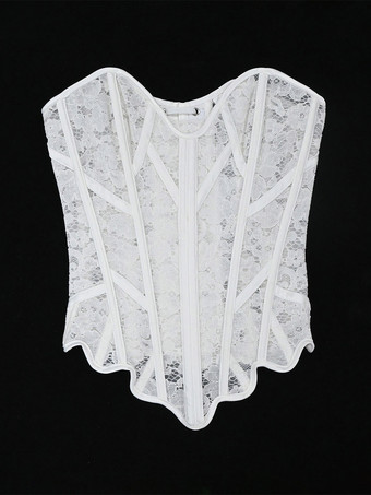 WeißBustier mit herzförmigem Spitzen-Overbust-Korsett Schnürung am Rücken wellenförmigem Saum und Vintage-Taillenformer