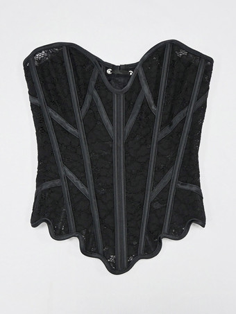 SchwarzBustier mit herzförmigem Spitzen-Overbust-Korsett Schnürung am Rücken wellenförmigem Saum und Vintage-Taillenformer