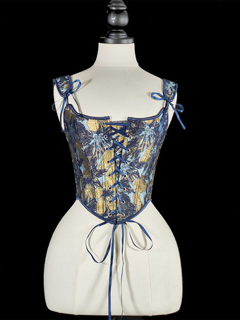 ヴィンテージ風の金色の花柄プリントのコルセット、スパゲッティストラップ、背中のレースアップ、波状の裾、ウエストシェイプのビスチェ