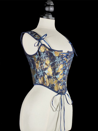 ヴィンテージ風の金色の花柄プリントのコルセット、スパゲッティストラップ、背中のレースアップ、波状の裾、ウエストシェイプのビスチェ