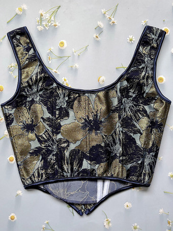 ヴィンテージ風の金色の花柄プリントのコルセット、スパゲッティストラップ、背中のレースアップ、波状の裾、ウエストシェイプのビスチェ