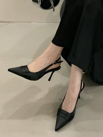 ブラック サテンドレスシューズ レディース ポインテッドトゥ スリングバック パーティー ウェディング ゲストシューズ