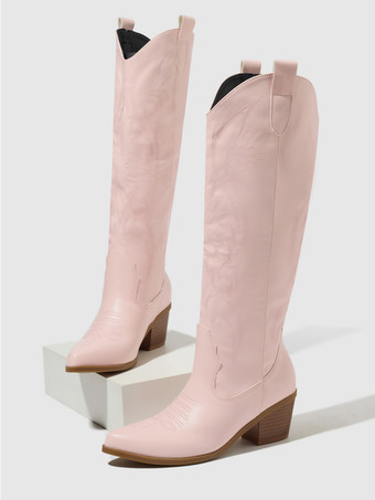 Pinke Cowboy-Stiefel für Damen runde Zehenpartie Blockabsatz kniehoch