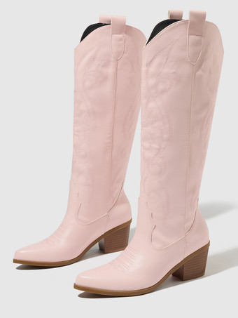 Pinke Cowboy-Stiefel für Damen runde Zehenpartie Blockabsatz kniehoch