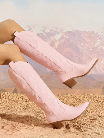 Pinke Cowboy-Stiefel für Damen runde Zehenpartie Blockabsatz kniehoch