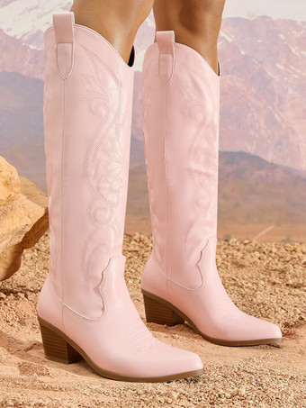 Pinke Cowboy-Stiefel für Damen runde Zehenpartie Blockabsatz kniehoch
