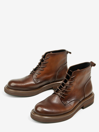 Braune Herrenstiefel aus echtem Leder runde Zehenpartie Schnürstiefeletten
