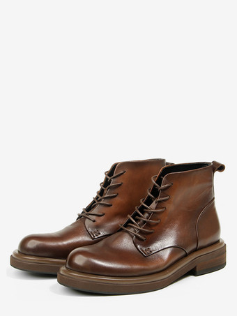 DunkelbraunBraune Herrenstiefel aus echtem Leder runde Zehenpartie Schnürstiefeletten