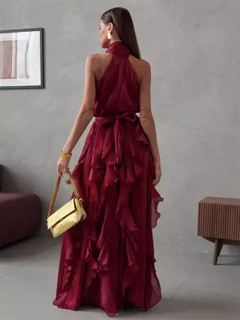 flowy maxi dress sleeveless Halter Neck Chiffon Back Tie Ruffle Layered Long Evening Party Dress a flattering empire waist