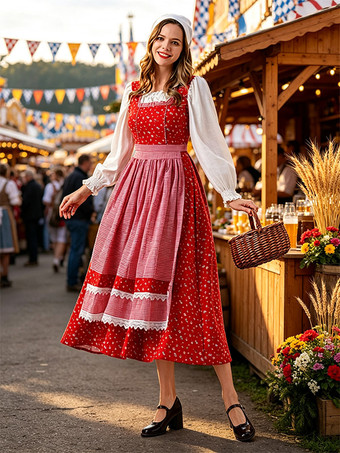 Oktoberfest-Kostüm Dirndl Rotes Kleid Vintage Rotes Blumen-Dirndlkleid