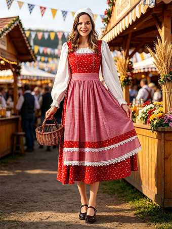 Oktoberfest-Kostüm Dirndl Rotes Kleid Vintage Rotes Blumen-Dirndlkleid