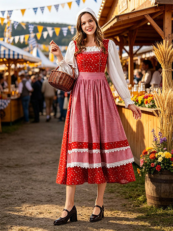 Oktoberfest-Kostüm Dirndl Rotes Kleid Vintage Rotes Blumen-Dirndlkleid