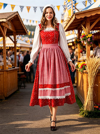 Oktoberfest-Kostüm Dirndl Rotes Kleid Vintage Rotes Blumen-Dirndlkleid