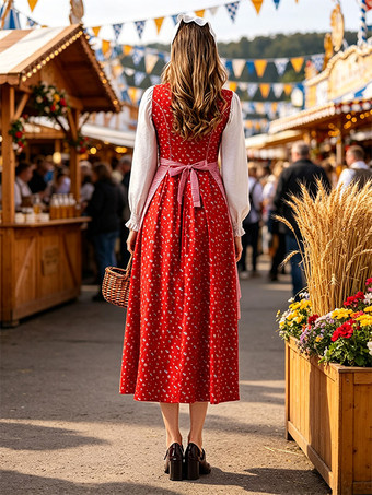 Oktoberfest-Kostüm Dirndl Rotes Kleid Vintage Rotes Blumen-Dirndlkleid