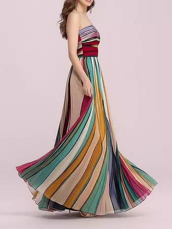 long flowy strapless dress Party Dresses Colorful Striped Pleated Maxi Sleeveless High Waist Chiffon Evening Party Gown strapless long dress