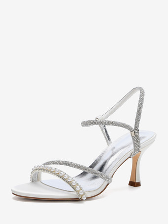 elfenbeinweißPartyschuhe mit hohen Absätzen Satin offene Zehenpartie Riemchen Perlen Hochzeitsschuhe