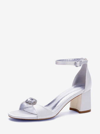 WeißElfenbeinfarbene Brautschuhe aus Satin mit Strasssteinen Blockabsatz und Knöchelriemen