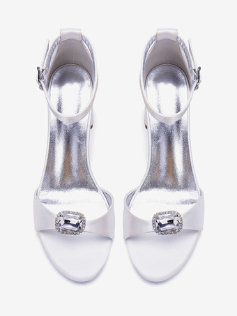 Elfenbeinfarbene Brautschuhe aus Satin mit Strasssteinen Blockabsatz und Knöchelriemen