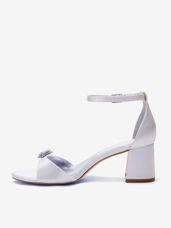 Elfenbeinfarbene Brautschuhe aus Satin mit Strasssteinen Blockabsatz und Knöchelriemen